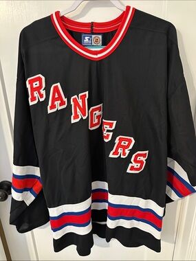90s vintage STARTER Black New York Rangers Jersey with Red & Blue Trim